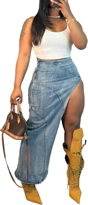 Women's Button Down Denim Skirt Casual High Waisted Long Jean Skirts High Split Pencil Skirt Y2K Streetwear