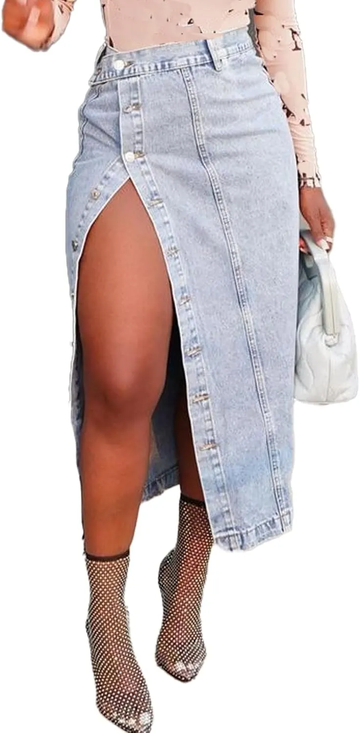 Women's Button Down Denim Skirt Casual High Waisted Long Jean Skirts High Split Pencil Skirt Y2K Streetwear