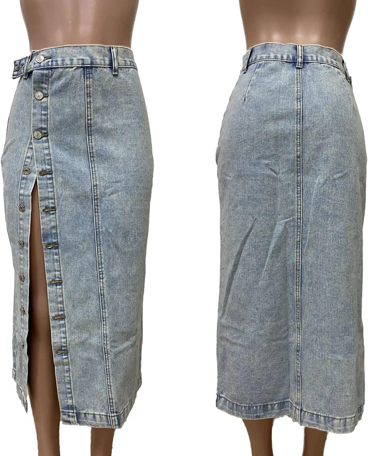 Women's Button Down Denim Skirt Casual High Waisted Long Jean Skirts High Split Pencil Skirt Y2K Streetwear