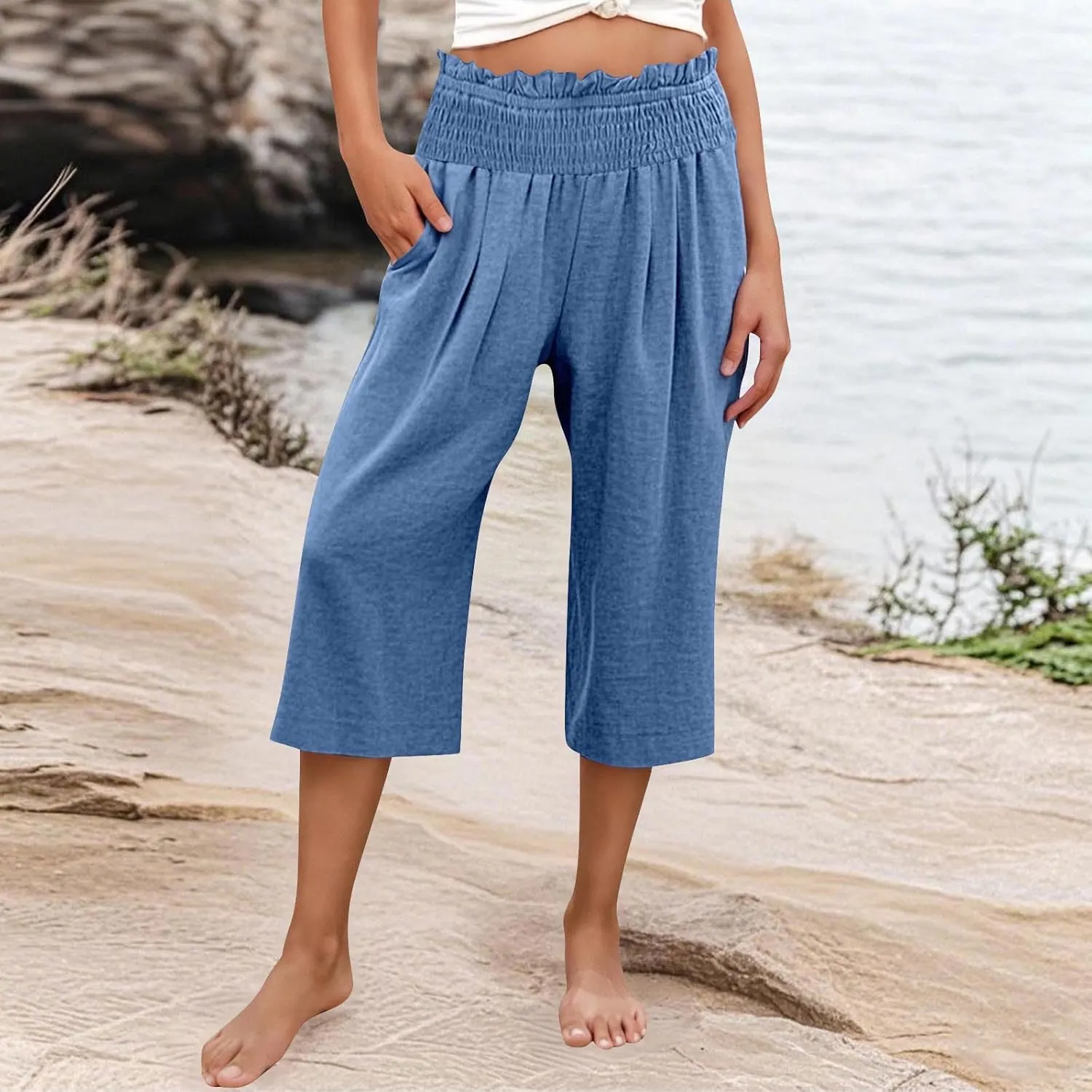 Womens Capri Pants Summer Casual Loose Capris Wide Leg Pleated High Waist Solid Color Cropped Pants with Pockets