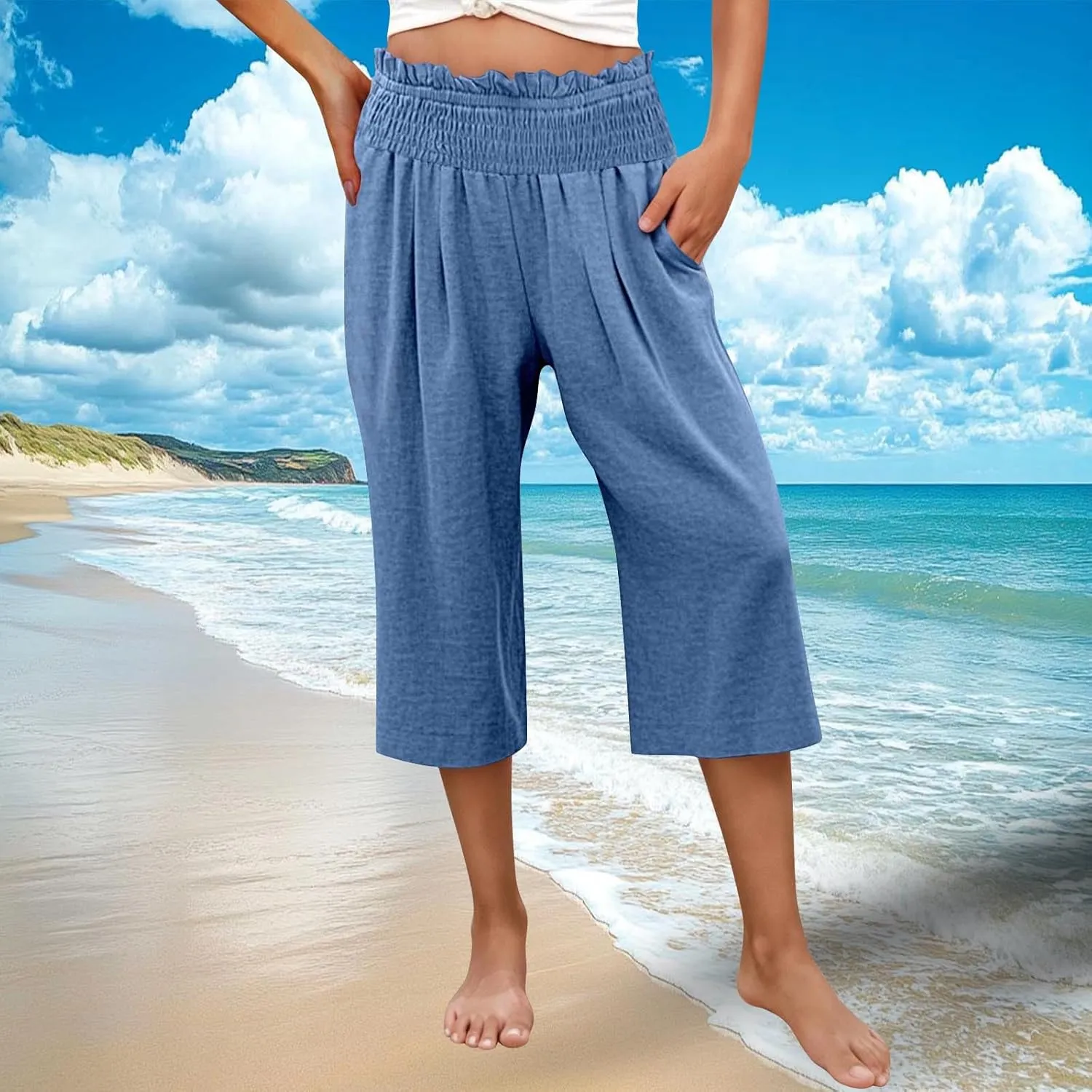 Womens Capri Pants Summer Casual Loose Capris Wide Leg Pleated High Waist Solid Color Cropped Pants with Pockets