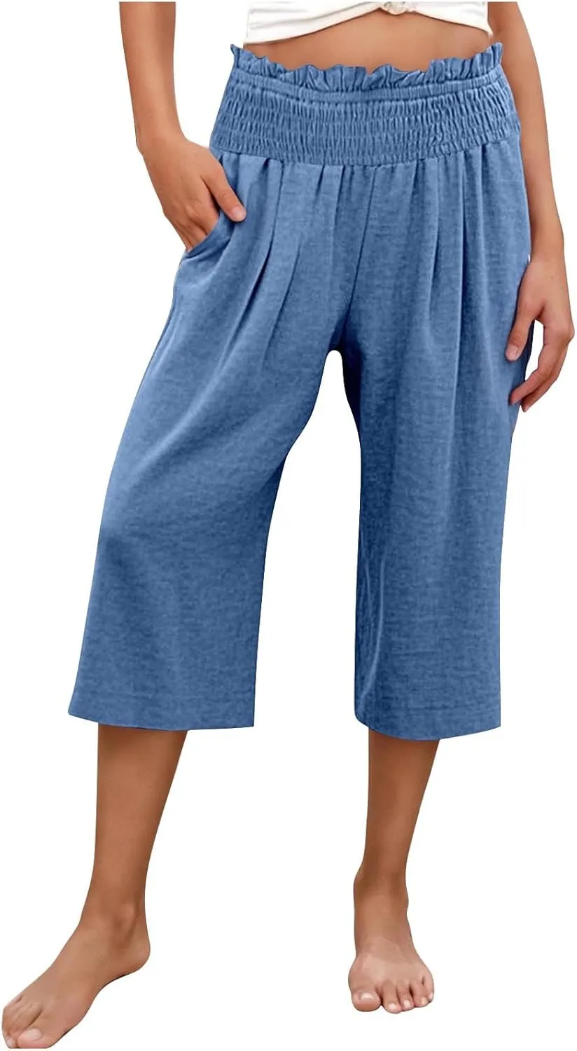 Womens Capri Pants Summer Casual Loose Capris Wide Leg Pleated High Waist Solid Color Cropped Pants with Pockets