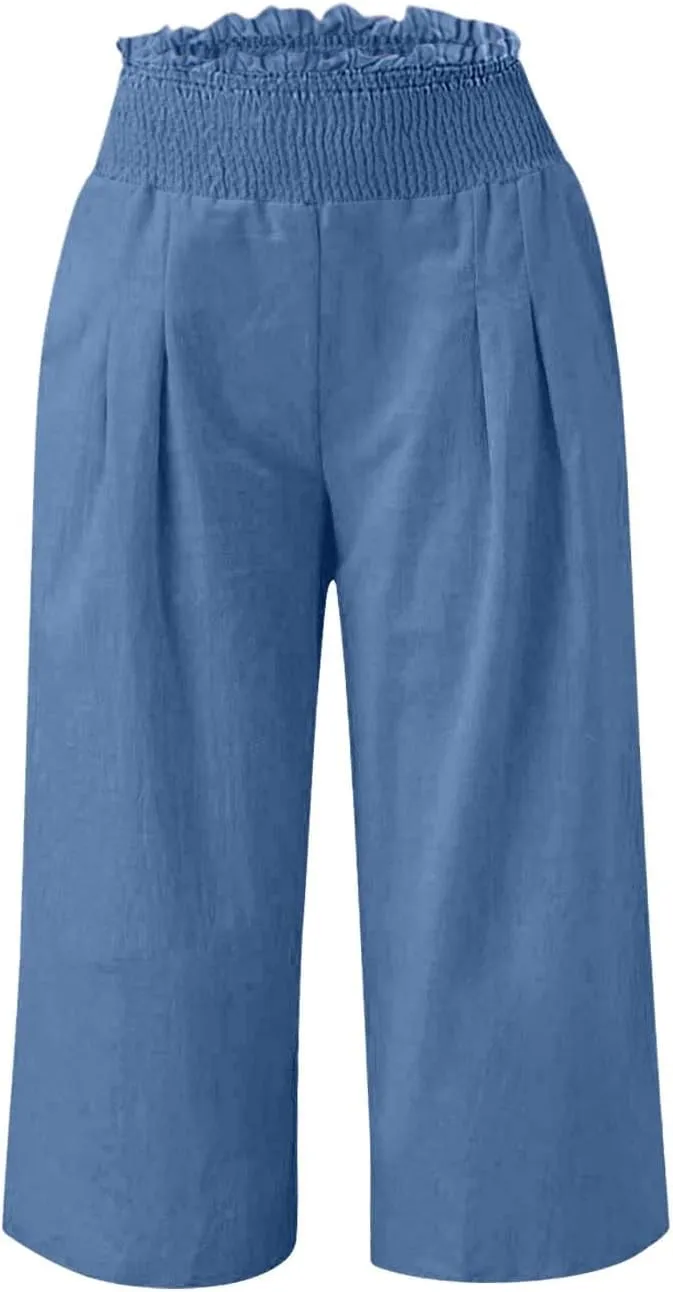 Womens Capri Pants Summer Casual Loose Capris Wide Leg Pleated High Waist Solid Color Cropped Pants with Pockets
