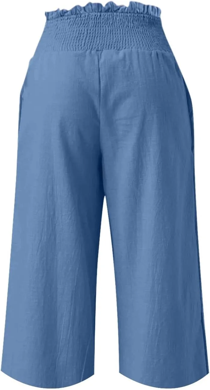 Womens Capri Pants Summer Casual Loose Capris Wide Leg Pleated High Waist Solid Color Cropped Pants with Pockets