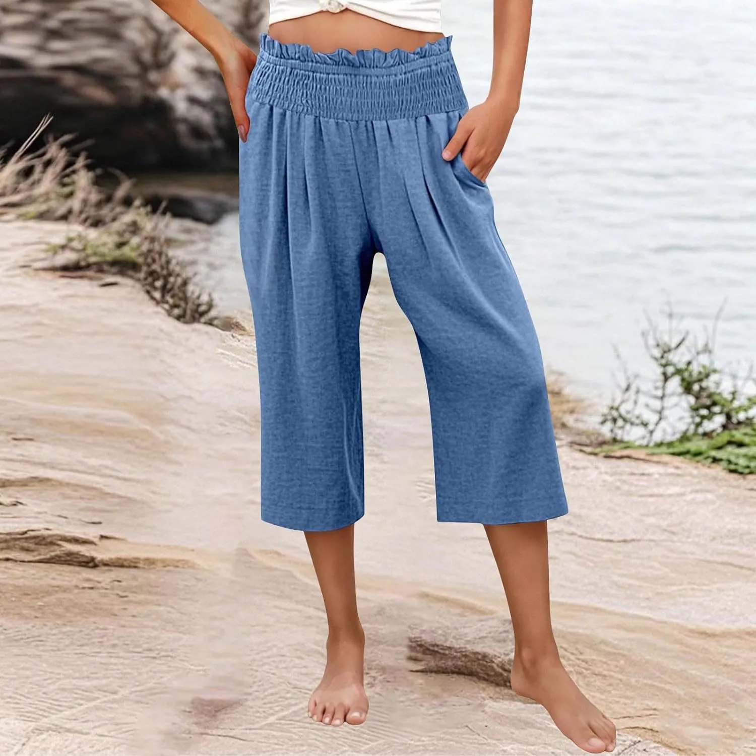 Womens Capri Pants Summer Casual Loose Capris Wide Leg Pleated High Waist Solid Color Cropped Pants with Pockets