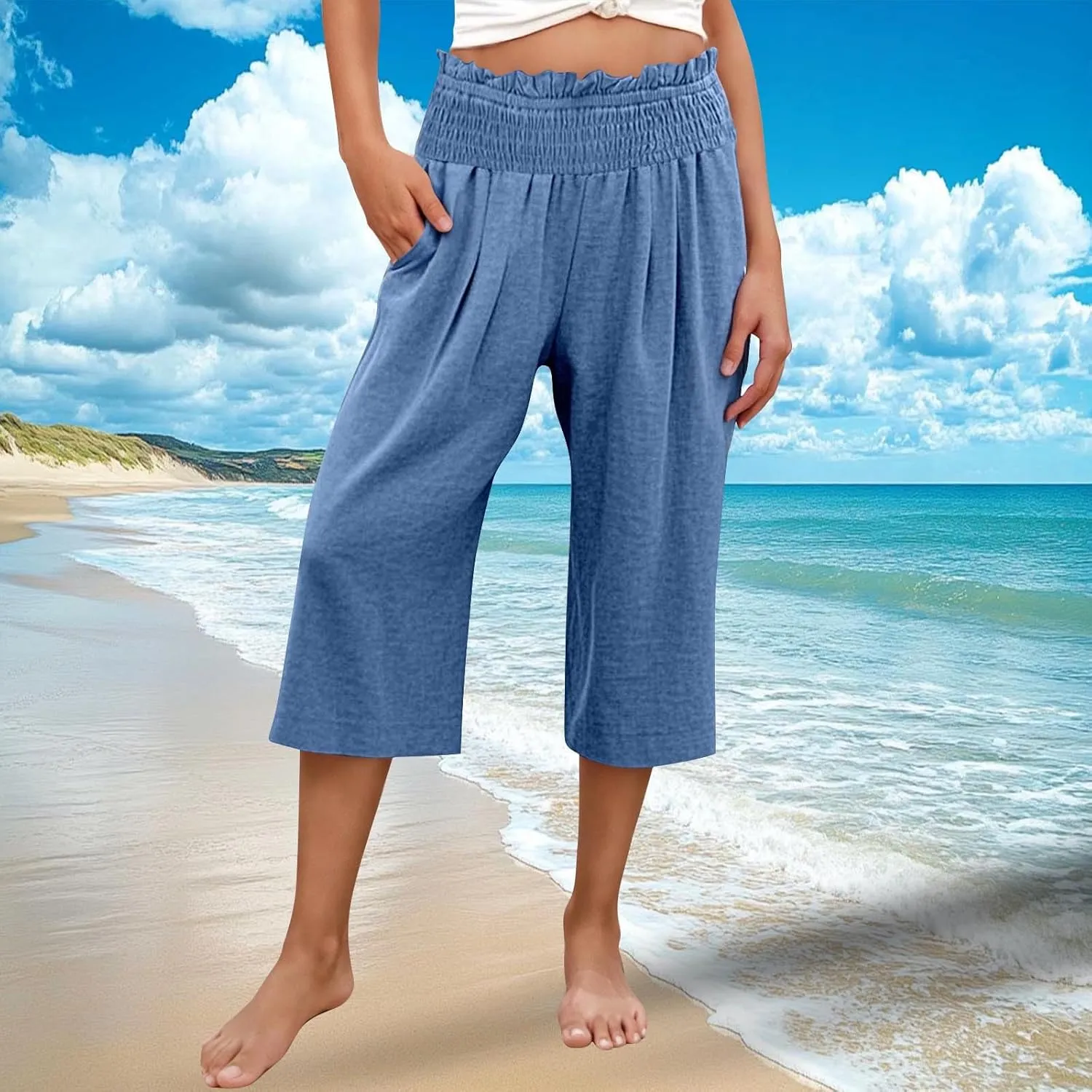 Womens Capri Pants Summer Casual Loose Capris Wide Leg Pleated High Waist Solid Color Cropped Pants with Pockets