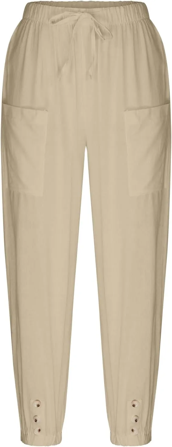 Womens Capris for Summer High Elastic Linen Pants Capris Casual Stretch Straight Leg Trousers with Front Pockets