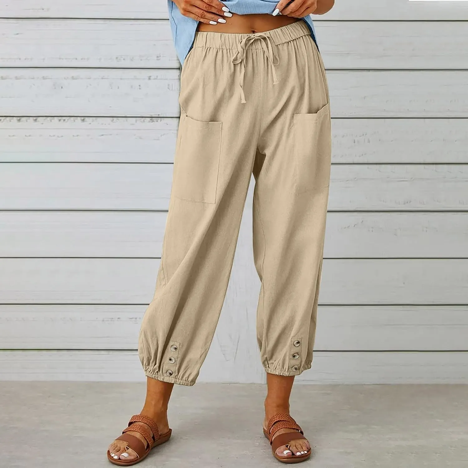 Womens Capris for Summer High Elastic Linen Pants Capris Casual Stretch Straight Leg Trousers with Front Pockets
