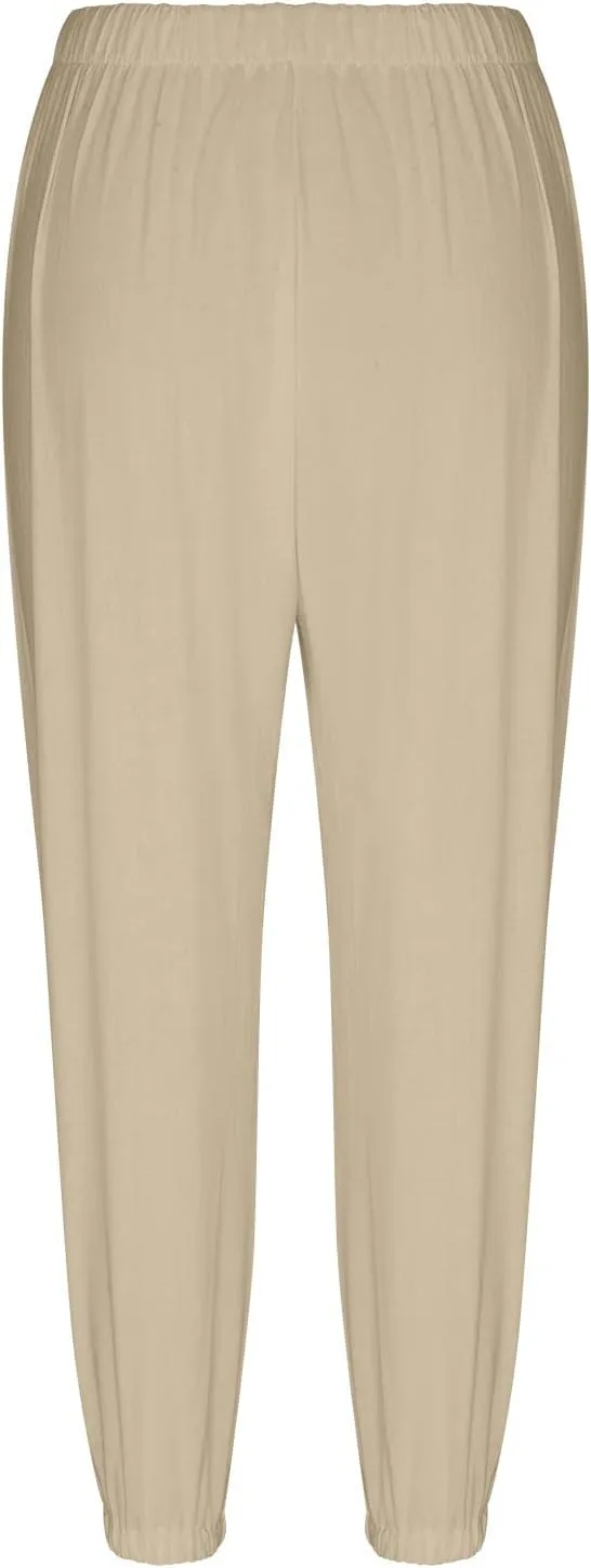 Womens Capris for Summer High Elastic Linen Pants Capris Casual Stretch Straight Leg Trousers with Front Pockets
