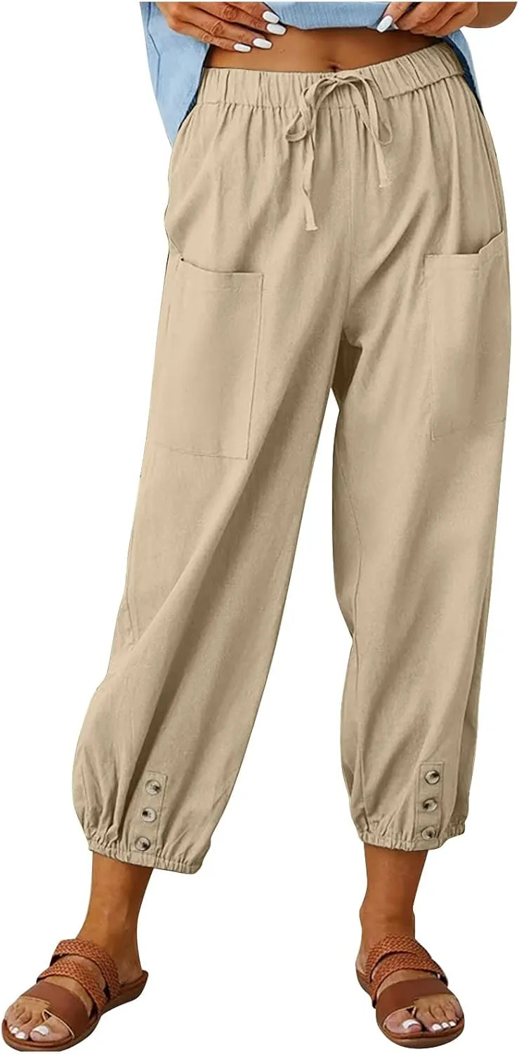 Womens Capris for Summer High Elastic Linen Pants Capris Casual Stretch Straight Leg Trousers with Front Pockets