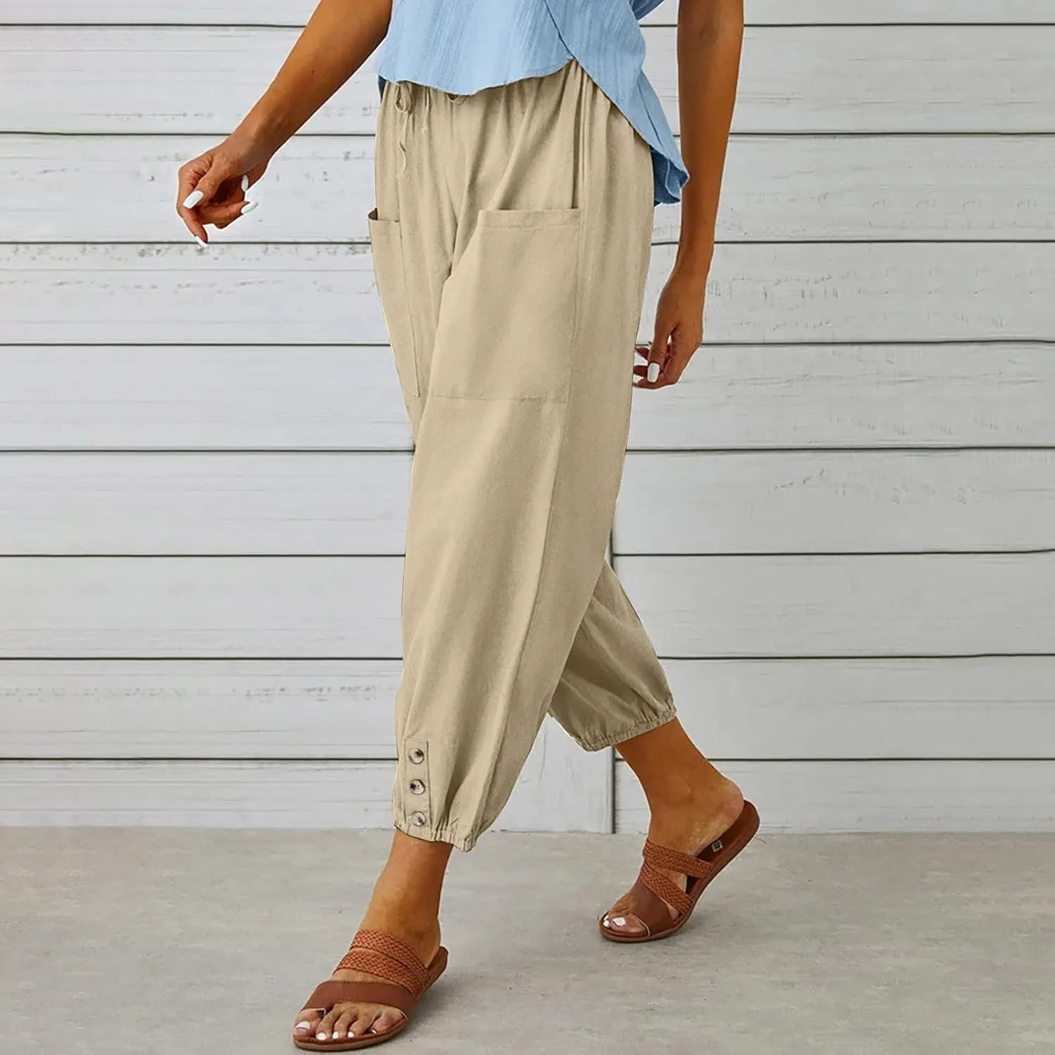 Womens Capris for Summer High Elastic Linen Pants Capris Casual Stretch Straight Leg Trousers with Front Pockets