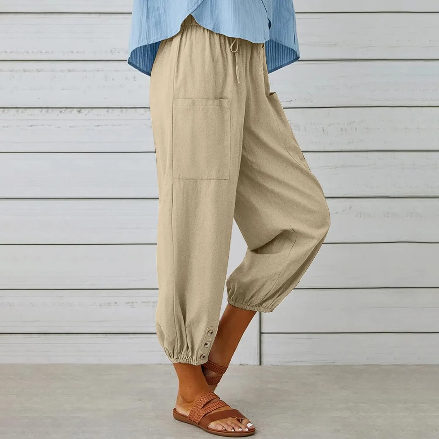 Womens Capris for Summer High Elastic Linen Pants Capris Casual Stretch Straight Leg Trousers with Front Pockets