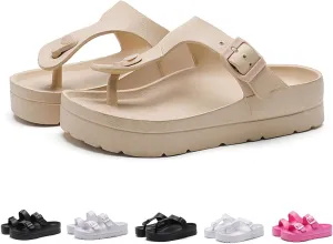 Women's Comfortable Non-slip Arch Support Orthopaedic Flip Flops,Summer Cute T-strap Flat Flip Flops with Adjustable Buckle EVA Sandals