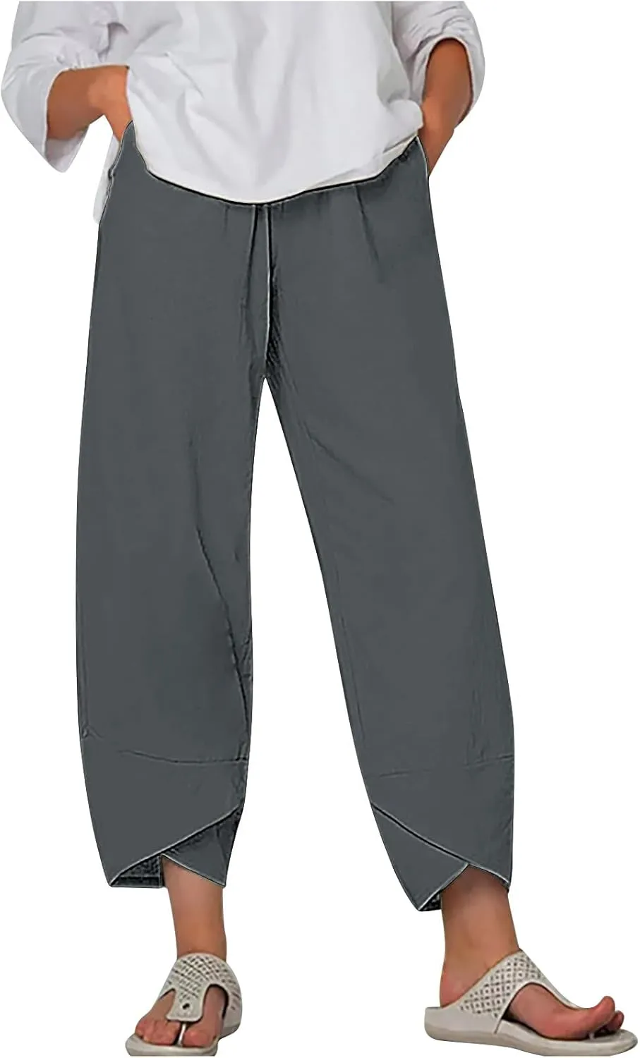 Womens Cotton Linen Cropped Pants 3/4 Length Pants Ladies Lounge Trousers Pedal Pushers Baggy Comfy Harem Pants