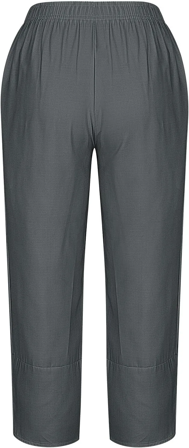 Womens Cotton Linen Cropped Pants 3/4 Length Pants Ladies Lounge Trousers Pedal Pushers Baggy Comfy Harem Pants