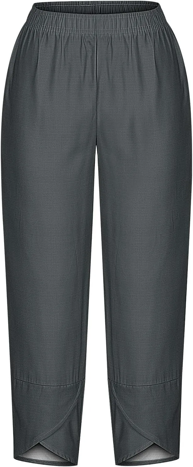 Womens Cotton Linen Cropped Pants 3/4 Length Pants Ladies Lounge Trousers Pedal Pushers Baggy Comfy Harem Pants