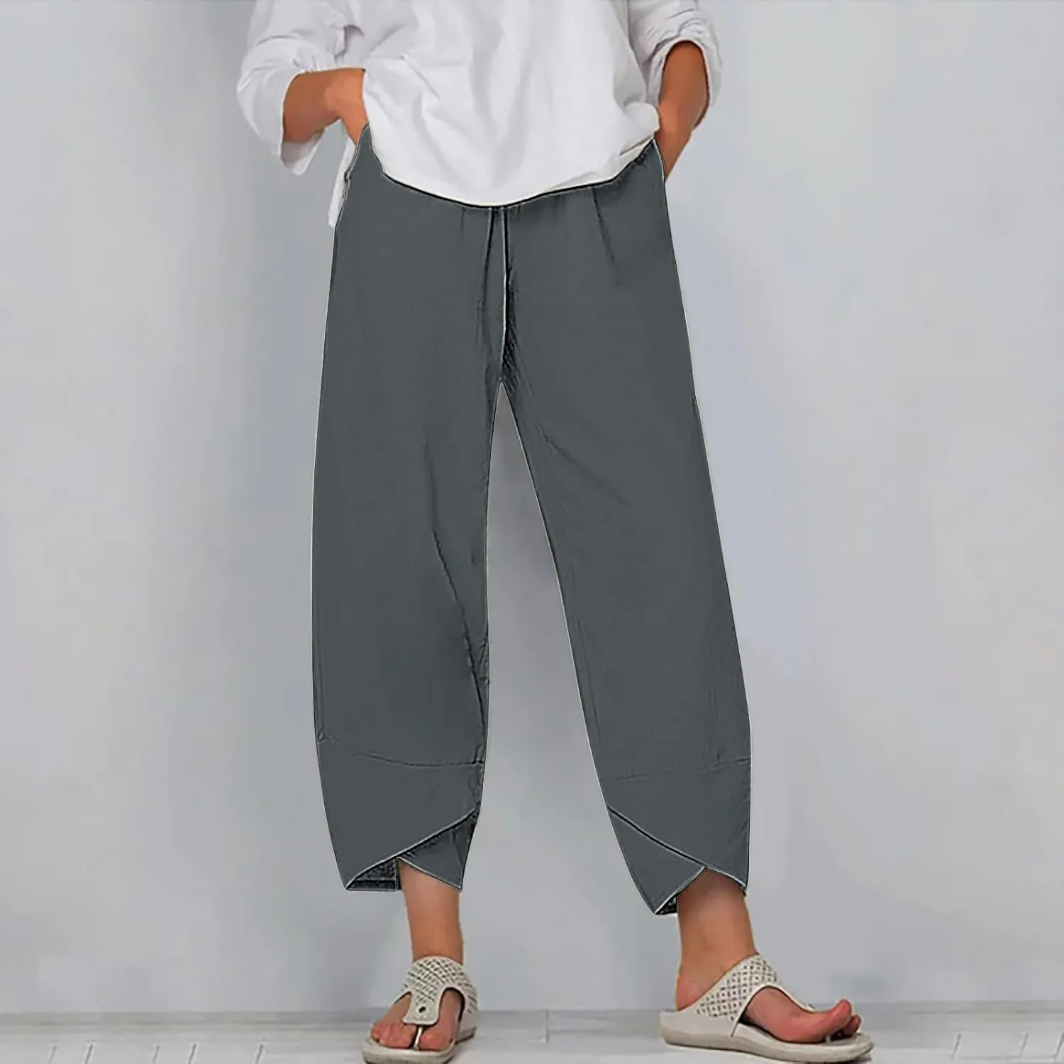 Womens Cotton Linen Cropped Pants 3/4 Length Pants Ladies Lounge Trousers Pedal Pushers Baggy Comfy Harem Pants