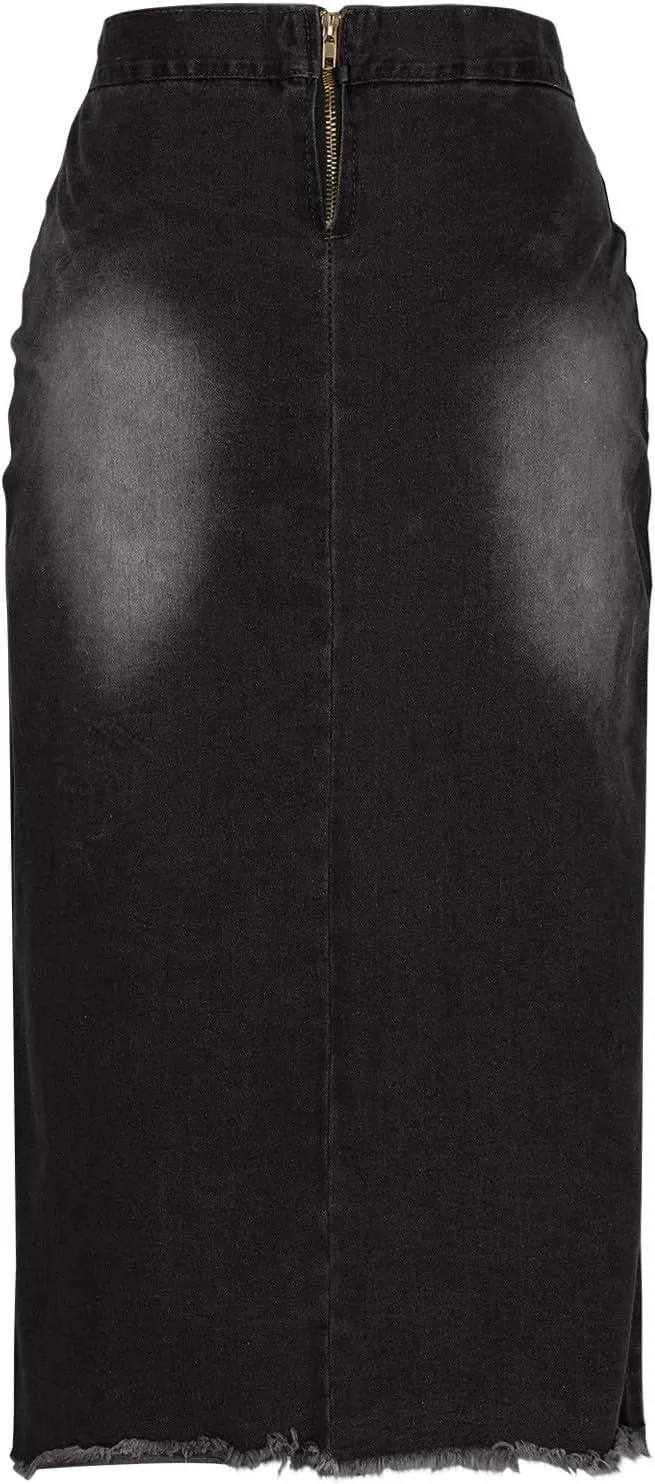 Womens Denim Midi Skirts Fashion Bandage Retro Ripped Hem Bodycon Pencil Skirts 2025 Summer Trendy