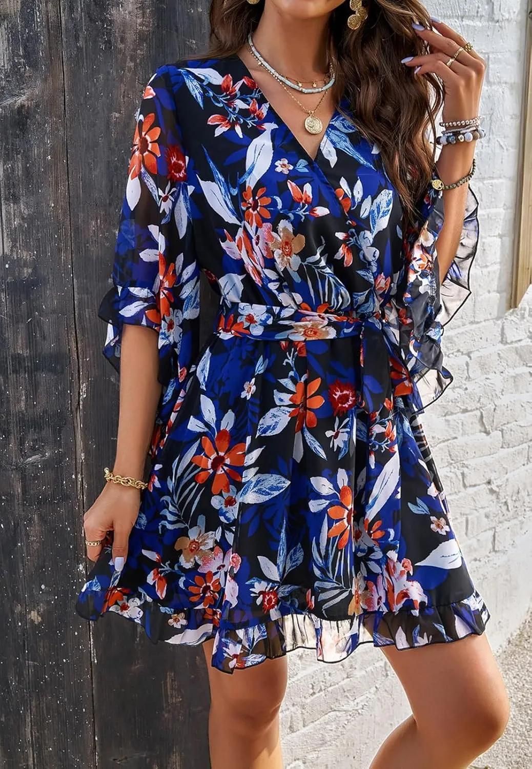 Women's Dress Floral Print Summer Short V-Neck Dresses Casual Short Sleeve High Waist Ruffle Hem Sundress with Belt