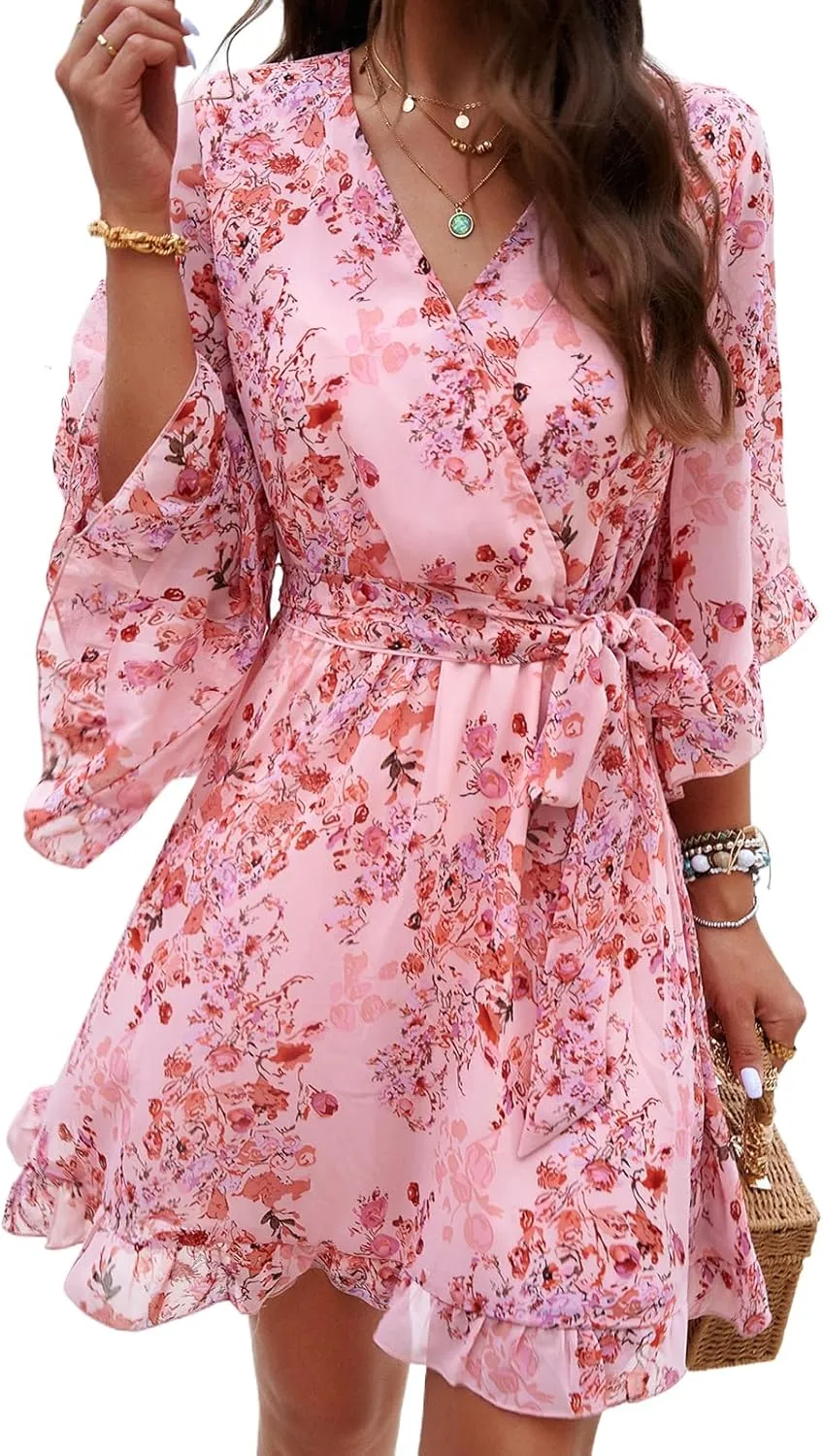 Women's Dress Floral Print Summer Short V-Neck Dresses Casual Short Sleeve High Waist Ruffle Hem Sundress with Belt