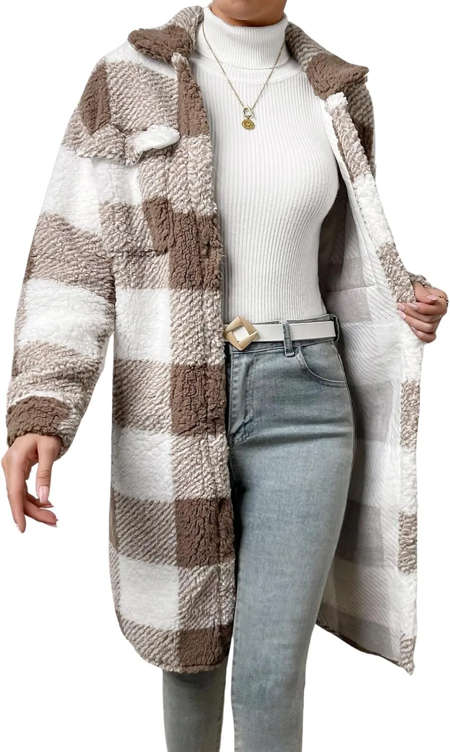 Womens Fuzzy Sherpa Long Jacket Plaid Shackets Jackets Button Down Lapel Trench Coat Warm Gingham Teddy Coat