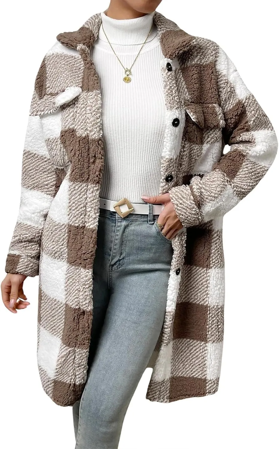 Womens Fuzzy Sherpa Long Jacket Plaid Shackets Jackets Button Down Lapel Trench Coat Warm Gingham Teddy Coat