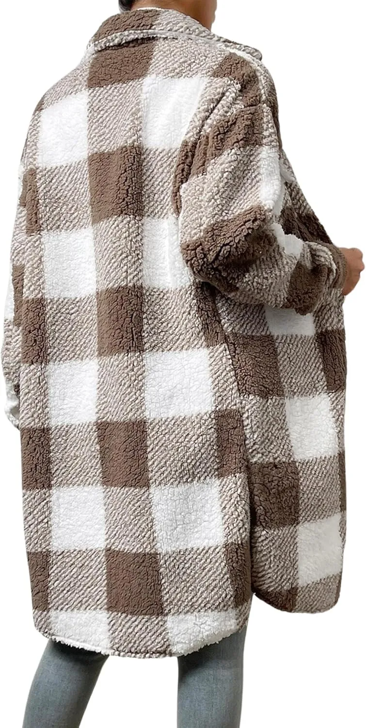 Womens Fuzzy Sherpa Long Jacket Plaid Shackets Jackets Button Down Lapel Trench Coat Warm Gingham Teddy Coat