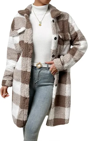 Womens Fuzzy Sherpa Long Jacket Plaid Shackets Jackets Button Down Lapel Trench Coat Warm Gingham Teddy Coat