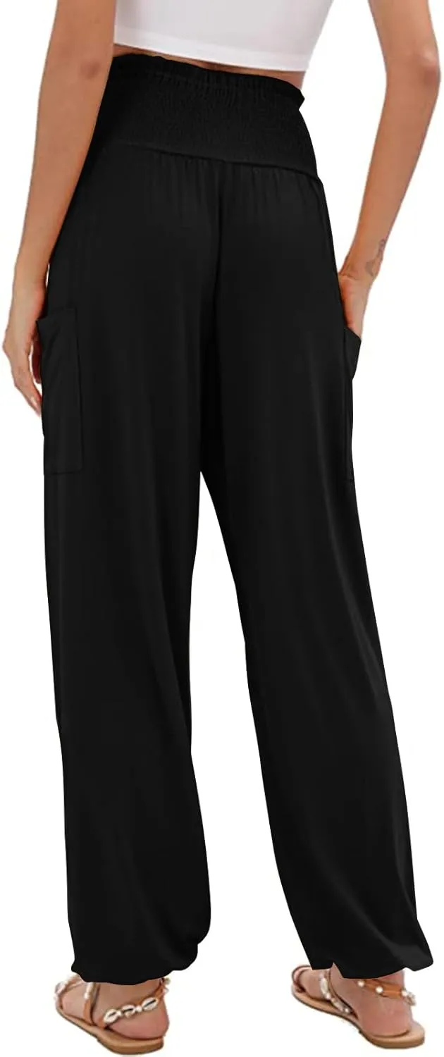 Womens Harem Pants Stretch Elastic High Waist Casual Pant Yoga Running Workout Solid Boho Trousers with Pockets