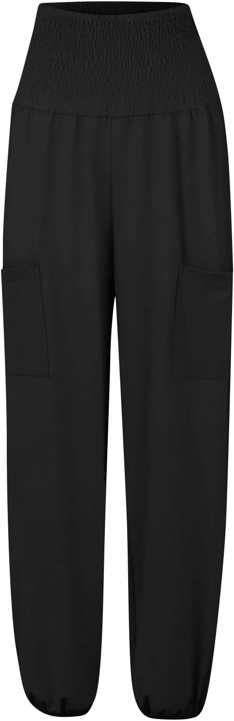 Womens Harem Pants Stretch Elastic High Waist Casual Pant Yoga Running Workout Solid Boho Trousers with Pockets