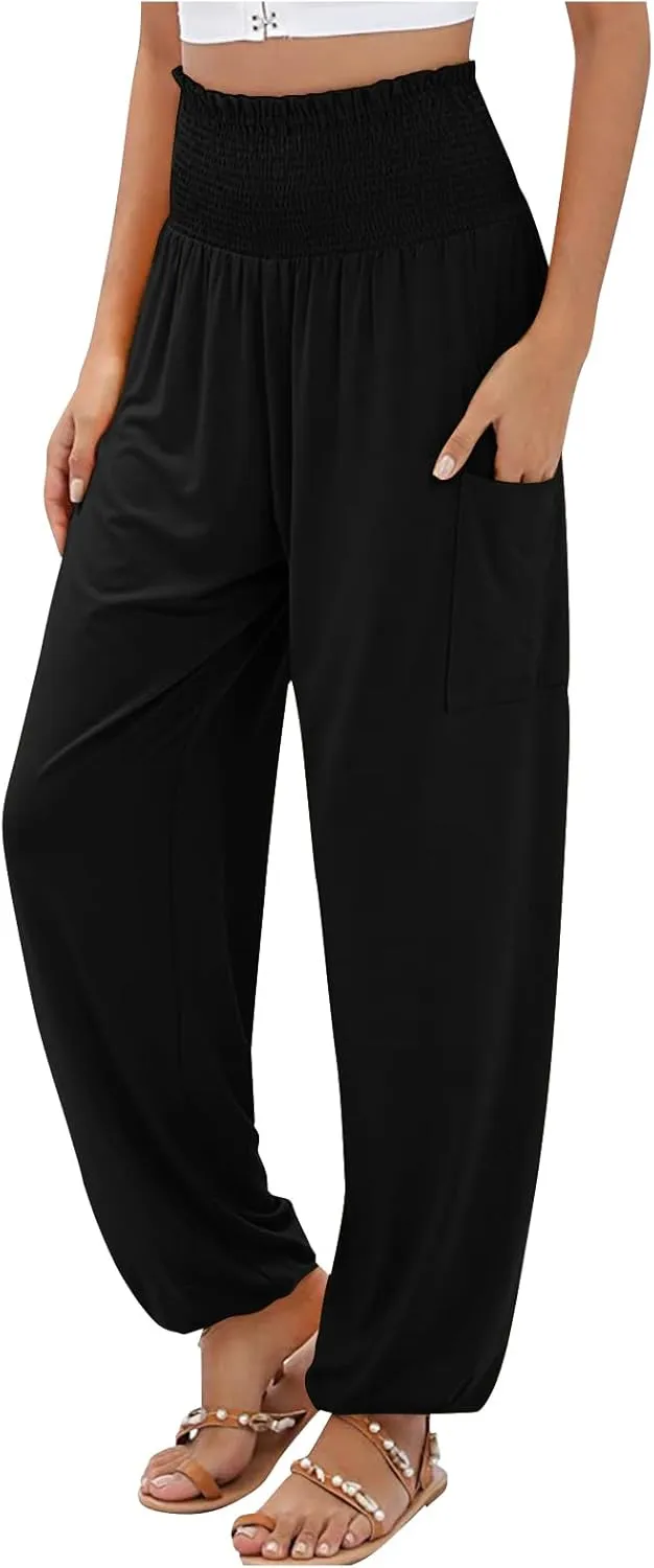 Womens Harem Pants Stretch Elastic High Waist Casual Pant Yoga Running Workout Solid Boho Trousers with Pockets