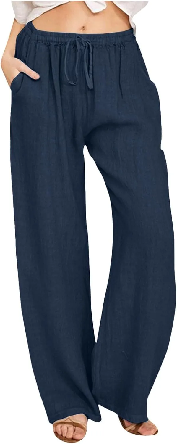 Women's Linen Drawstring High Waisted Pants Casual Loose Fit Wide Leg Trousers