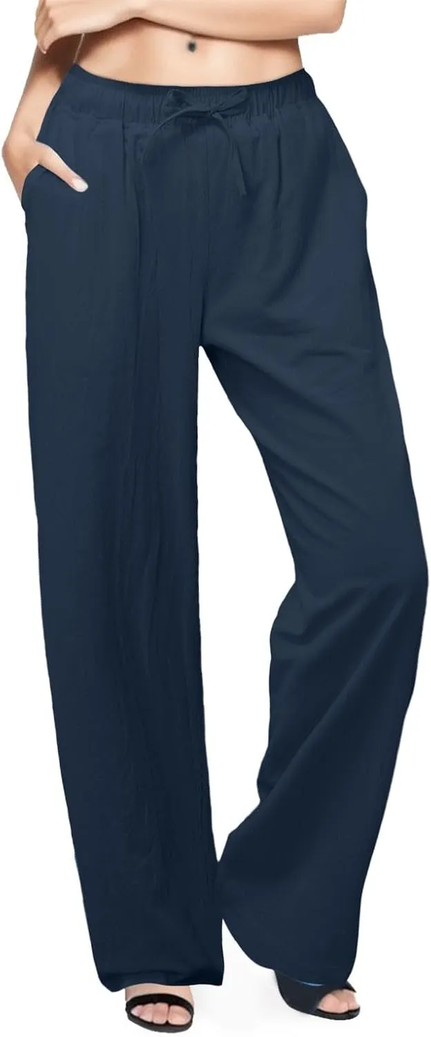 Women's Linen Drawstring High Waisted Pants Casual Loose Fit Wide Leg Trousers