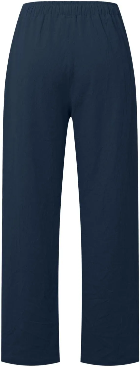 Women's Linen Drawstring High Waisted Pants Casual Loose Fit Wide Leg Trousers