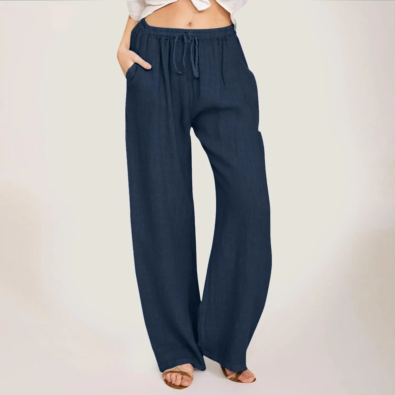 Women's Linen Drawstring High Waisted Pants Casual Loose Fit Wide Leg Trousers