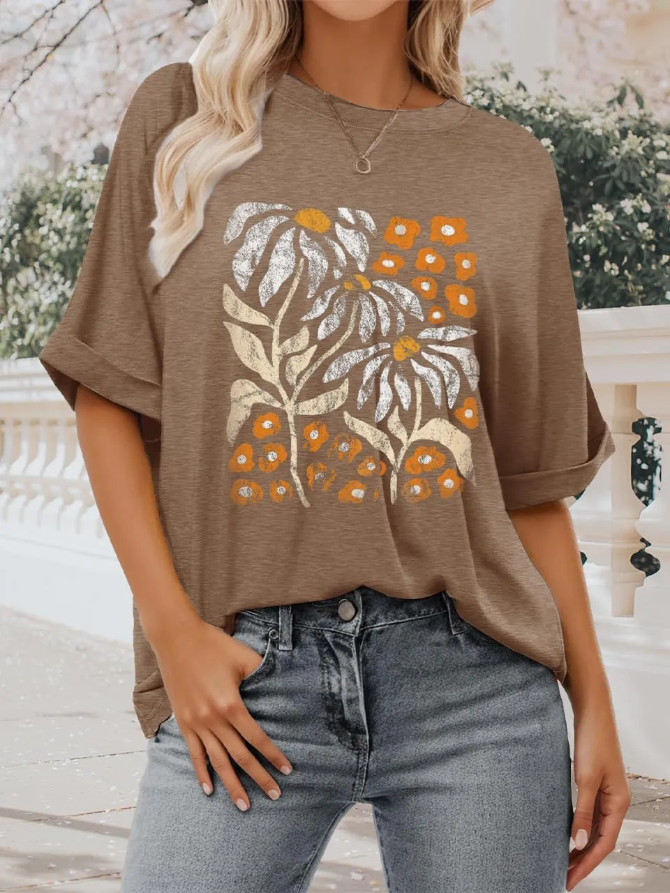 Womens Oversized Graphic Tee Shirt Raglan Sleeve Boho Wildflower Tshirt Summer Baggy Country Music Casual Blouses