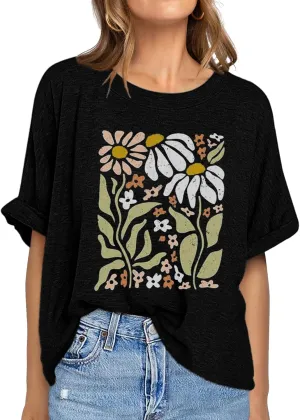 Womens Oversized Graphic Tee Shirt Raglan Sleeve Boho Wildflower Tshirt Summer Baggy Country Music Casual Blouses