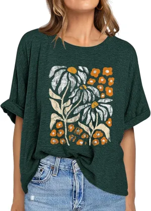 Womens Oversized Graphic Tee Shirt Raglan Sleeve Boho Wildflower Tshirt Summer Baggy Country Music Casual Blouses