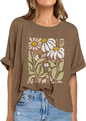 Womens Oversized Graphic Tee Shirt Raglan Sleeve Boho Wildflower Tshirt Summer Baggy Country Music Casual Blouses