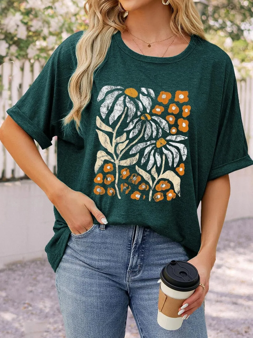Womens Oversized Graphic Tee Shirt Raglan Sleeve Boho Wildflower Tshirt Summer Baggy Country Music Casual Blouses