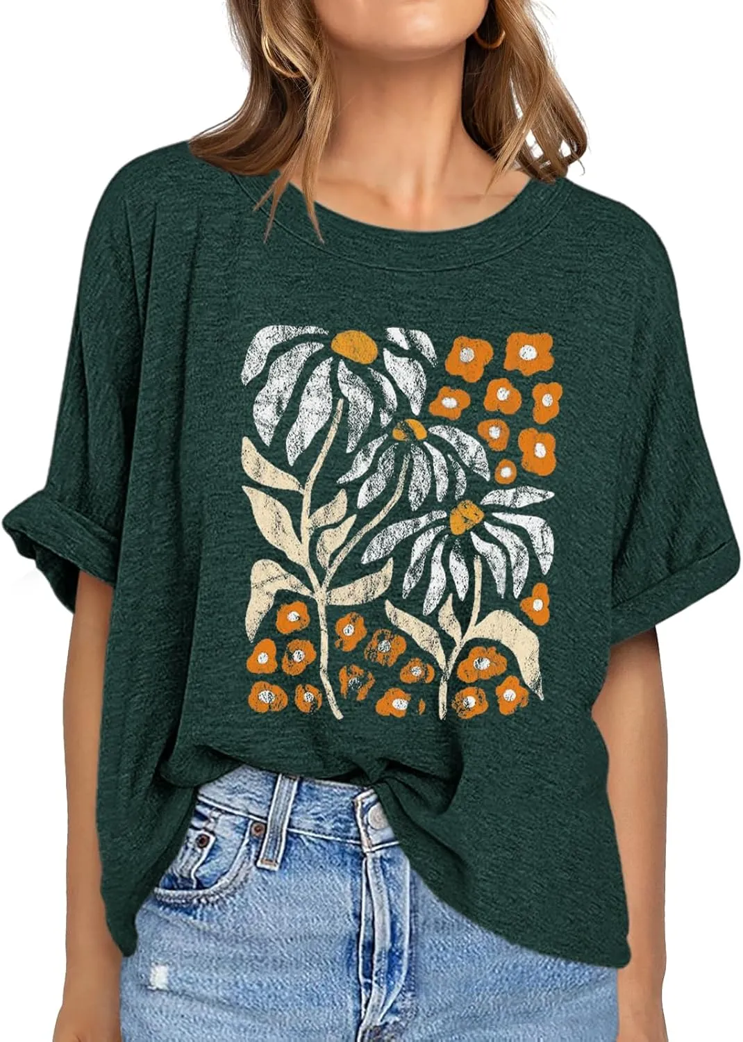 Womens Oversized Graphic Tee Shirt Raglan Sleeve Boho Wildflower Tshirt Summer Baggy Country Music Casual Blouses
