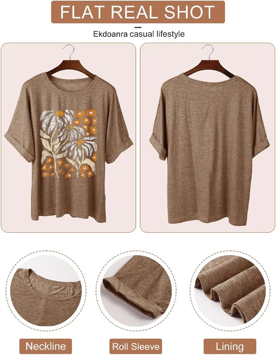 Womens Oversized Graphic Tee Shirt Raglan Sleeve Boho Wildflower Tshirt Summer Baggy Country Music Casual Blouses
