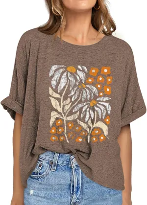 Womens Oversized Graphic Tee Shirt Raglan Sleeve Boho Wildflower Tshirt Summer Baggy Country Music Casual Blouses