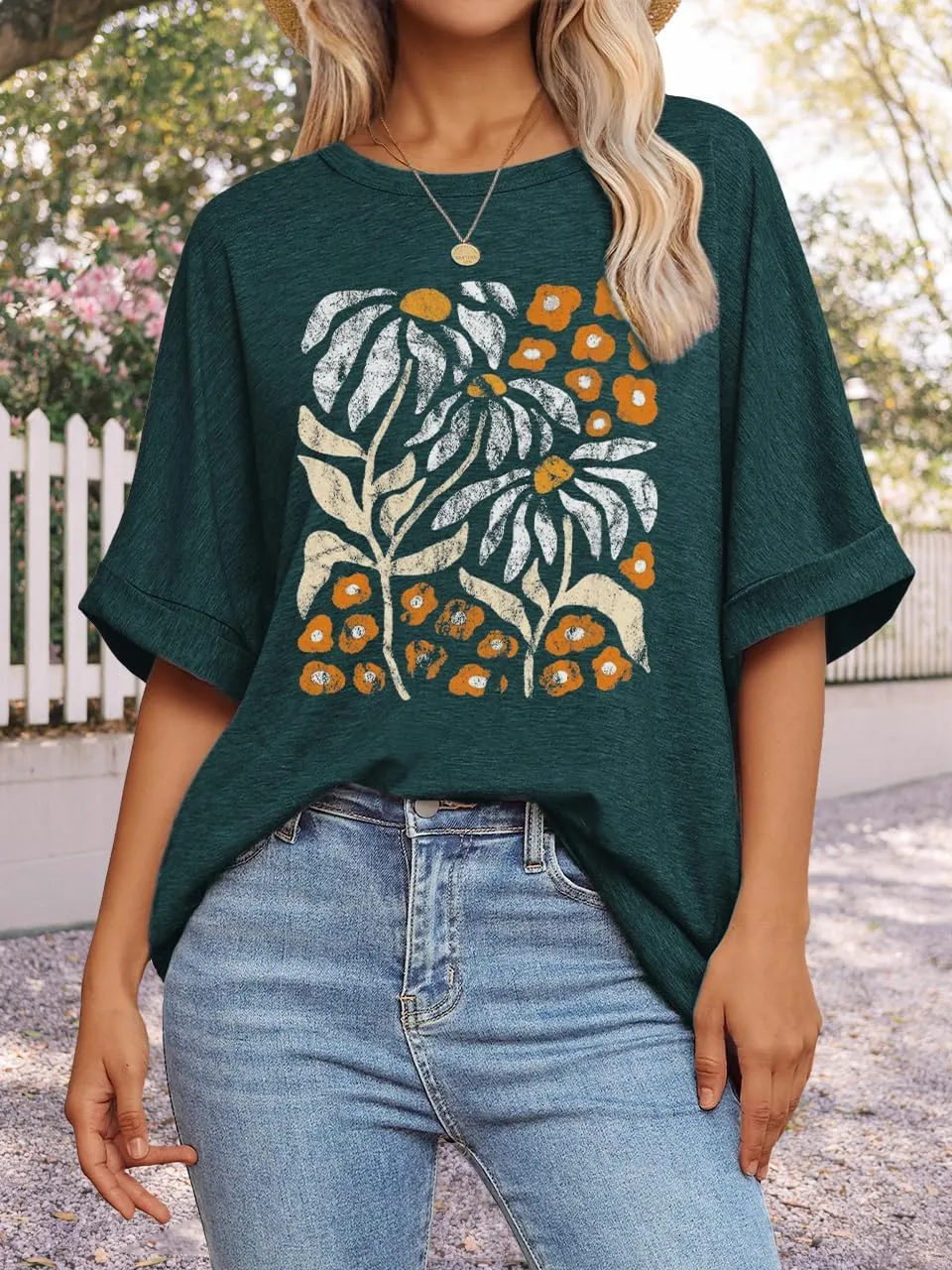 Womens Oversized Graphic Tee Shirt Raglan Sleeve Boho Wildflower Tshirt Summer Baggy Country Music Casual Blouses