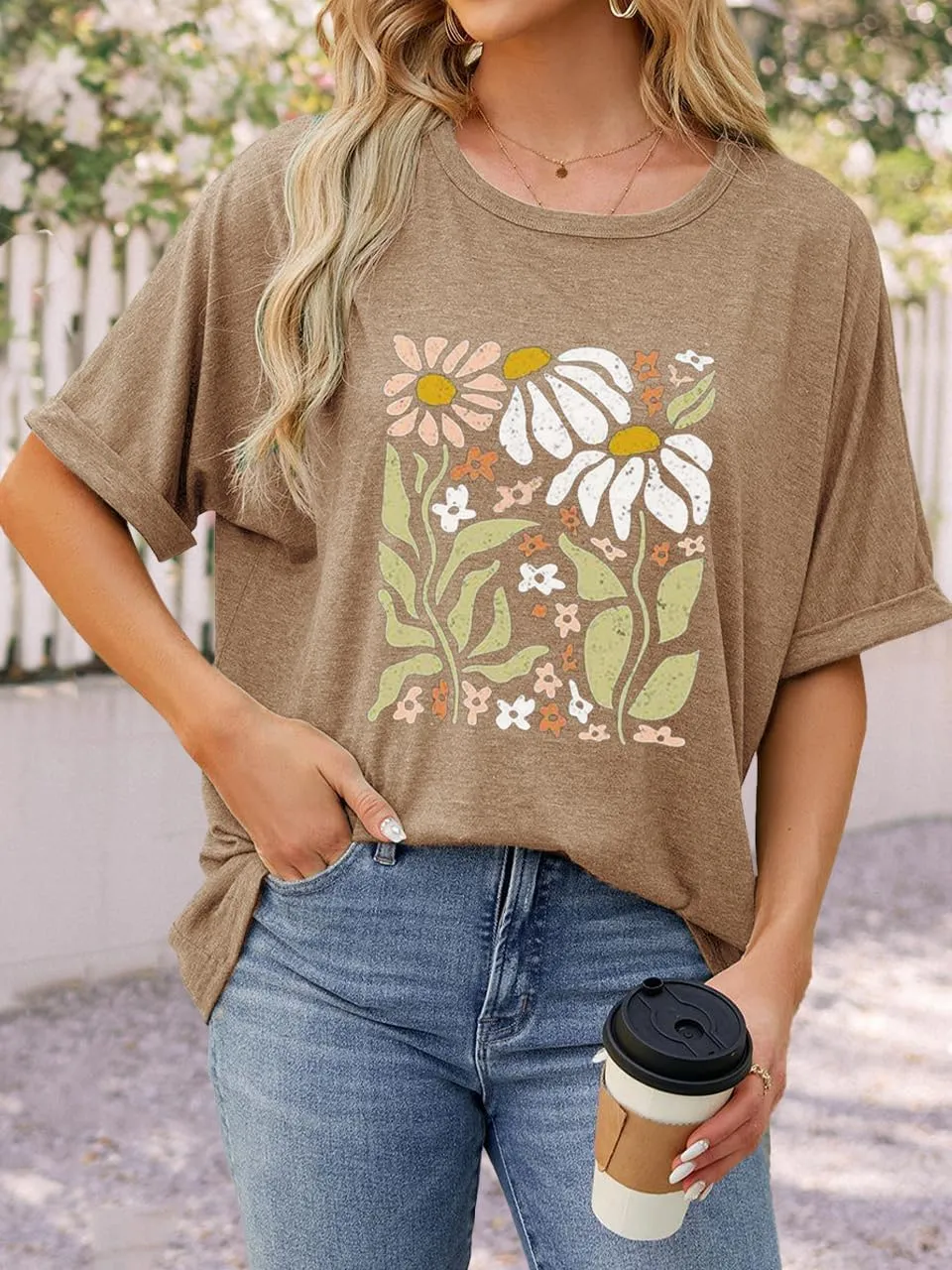 Womens Oversized Graphic Tee Shirt Raglan Sleeve Boho Wildflower Tshirt Summer Baggy Country Music Casual Blouses