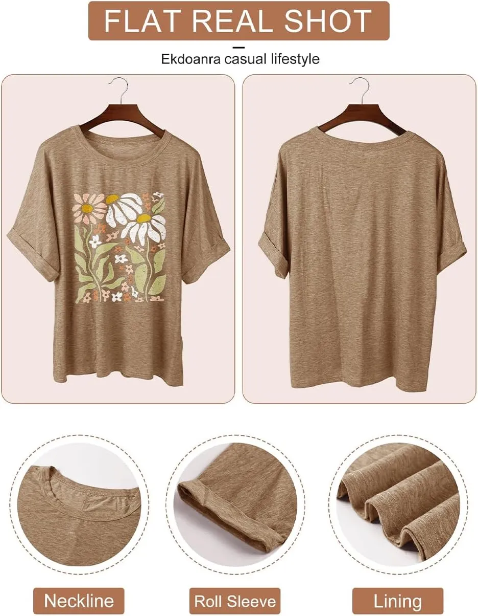 Womens Oversized Graphic Tee Shirt Raglan Sleeve Boho Wildflower Tshirt Summer Baggy Country Music Casual Blouses