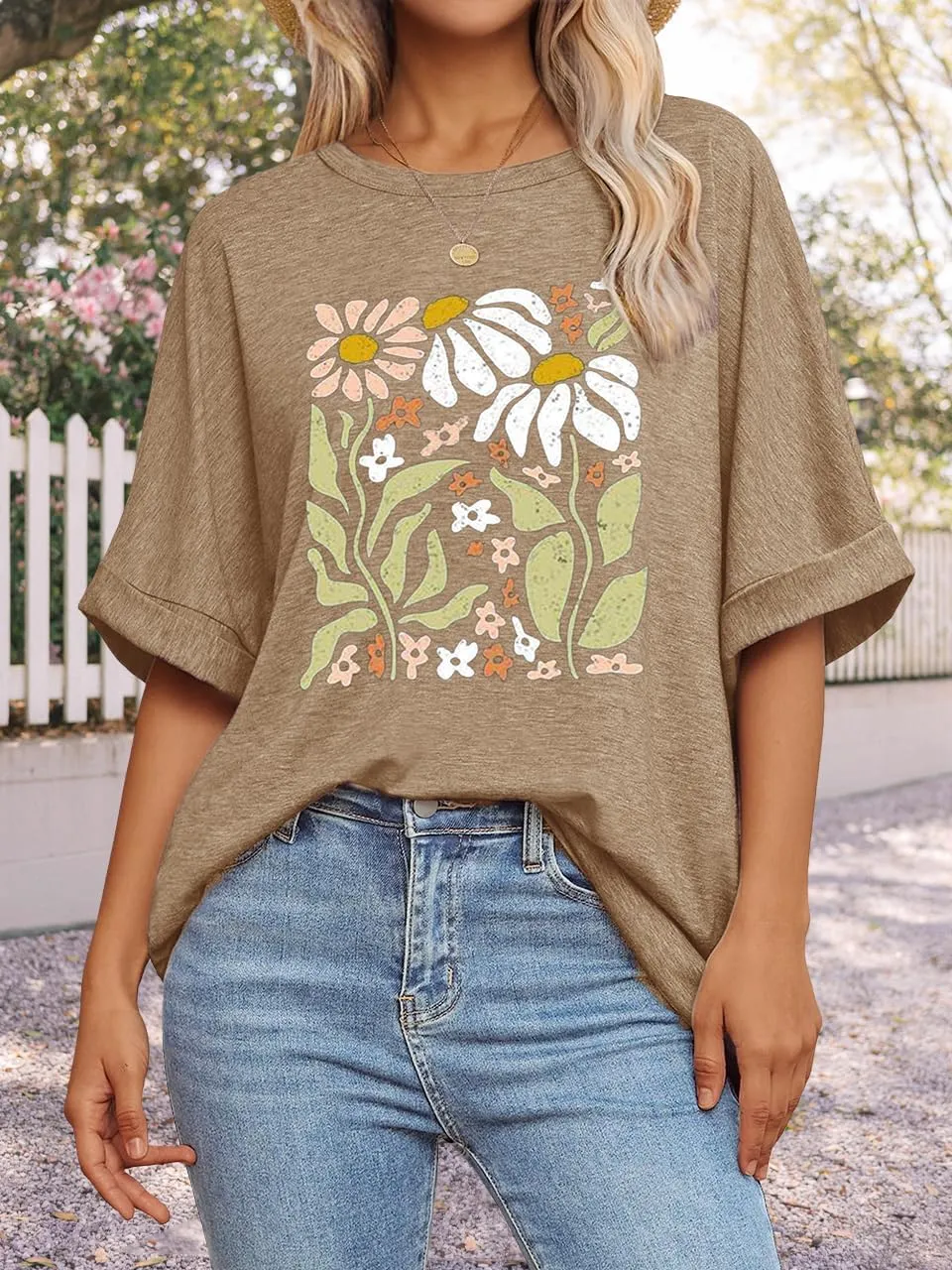 Womens Oversized Graphic Tee Shirt Raglan Sleeve Boho Wildflower Tshirt Summer Baggy Country Music Casual Blouses