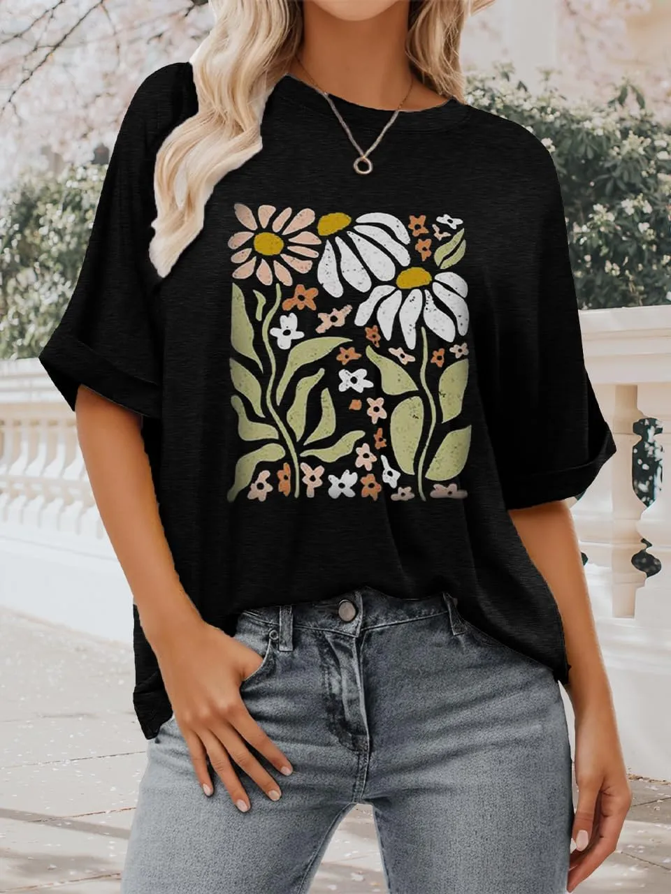 Womens Oversized Graphic Tee Shirt Raglan Sleeve Boho Wildflower Tshirt Summer Baggy Country Music Casual Blouses