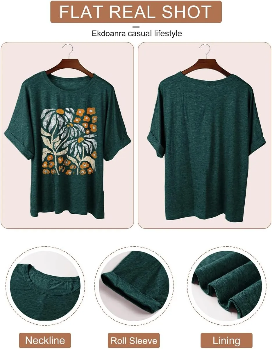 Womens Oversized Graphic Tee Shirt Raglan Sleeve Boho Wildflower Tshirt Summer Baggy Country Music Casual Blouses