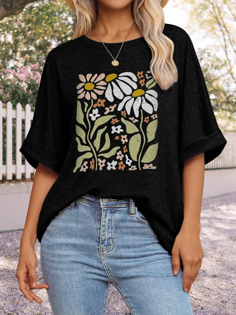 Womens Oversized Graphic Tee Shirt Raglan Sleeve Boho Wildflower Tshirt Summer Baggy Country Music Casual Blouses